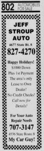 newspaper clipping of an advertisement from Jeff Stroup Auto