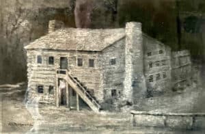 First courthouse building constructed in 1805 by William Dick. Painting by A.G. Richmond. Collection of Allegheny College.