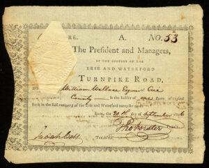 Stock Certificate for the Mercer & Waterford Turnpike Company