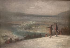 George Washington and guide Christopher Gist on December 9, 1753 looking over islands in French Creek. Painting by A.G. Richmond. Collection of the Crawford County Historical Society.