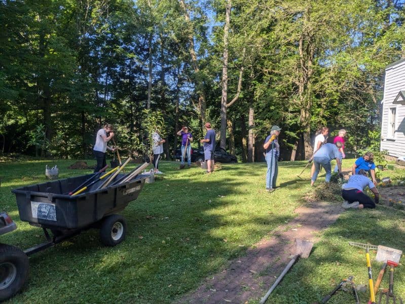 Volunteers working on a garden