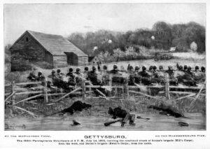The 150th Pennsylvania volunteers at 4 P. M., July 1st, 1863, resisting the combined attack of scales's brigade (Hill's Corps), from the west, and Daniel's brigade (Ewell's Corps), from the north.